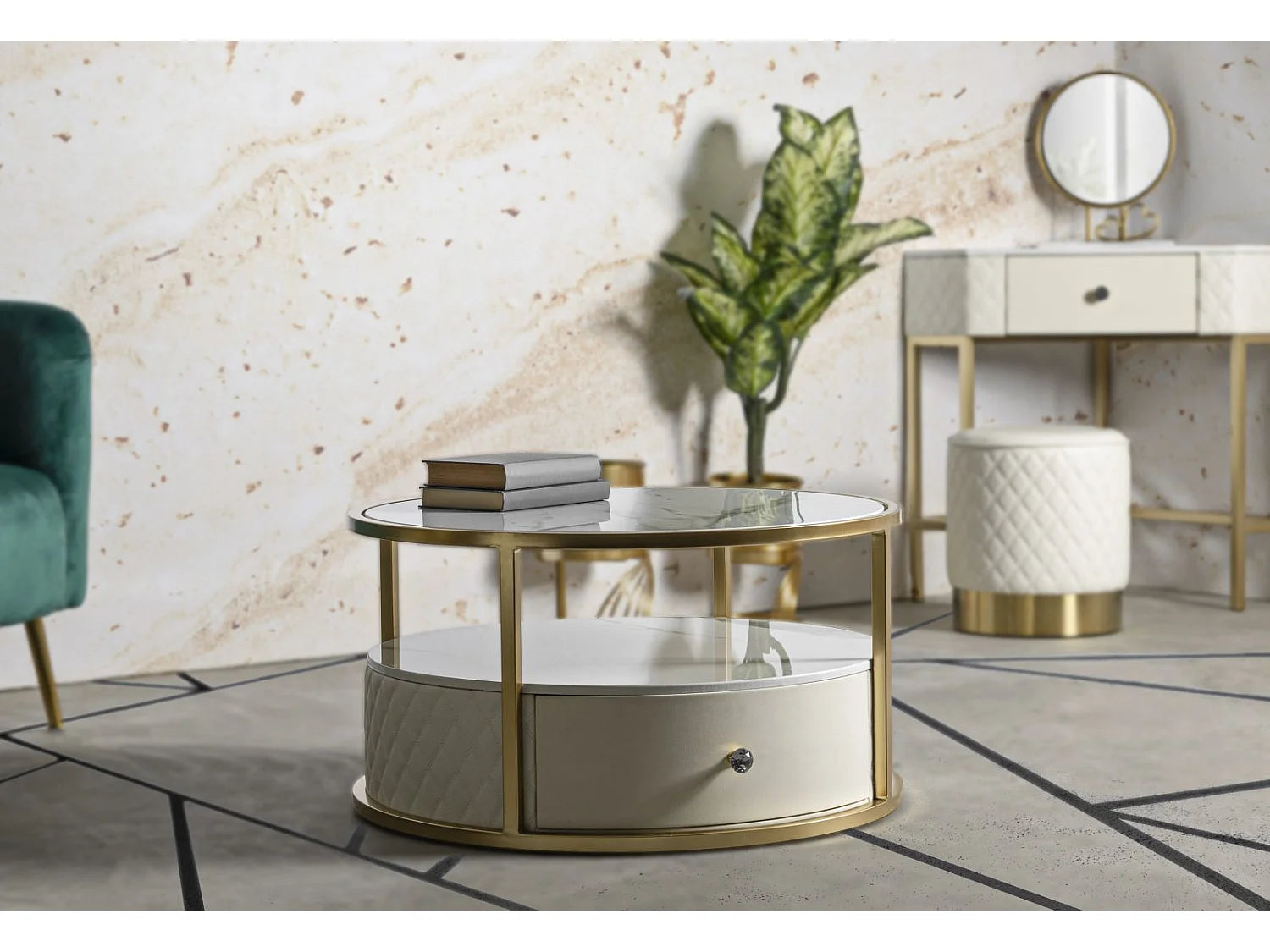 Bout de canapé rond effet marbre beige et or – SHARLÉE