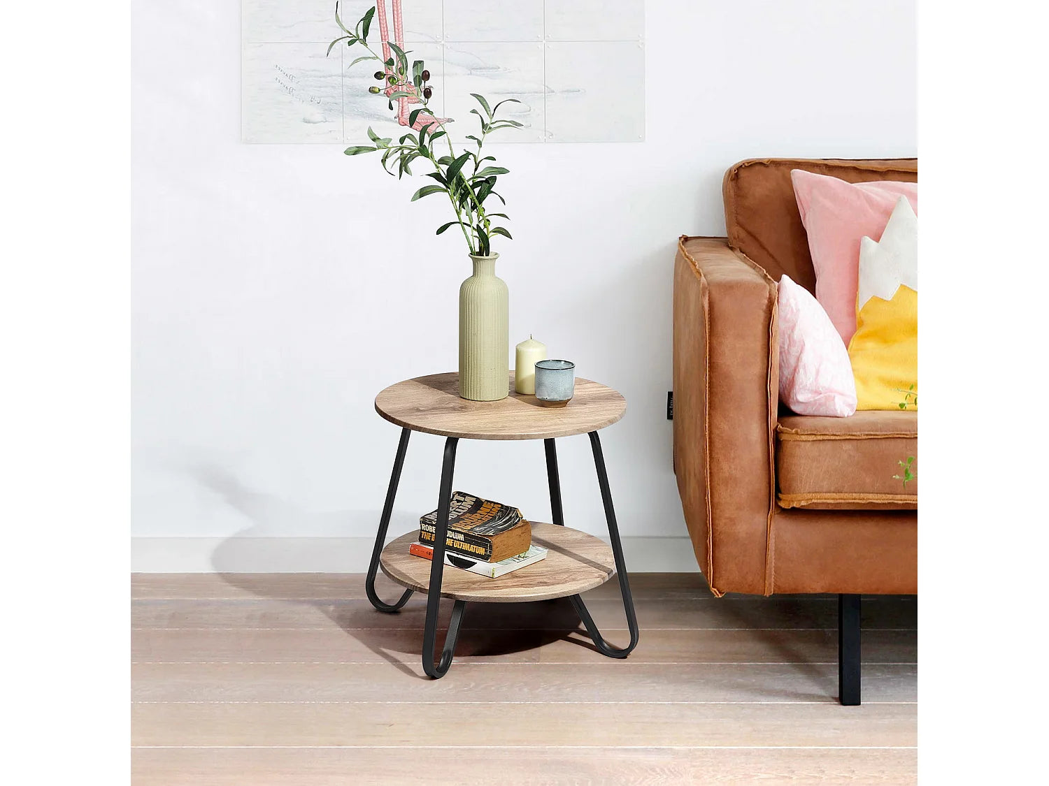 Bout de canapé rond en bois massif beige – LINDËN