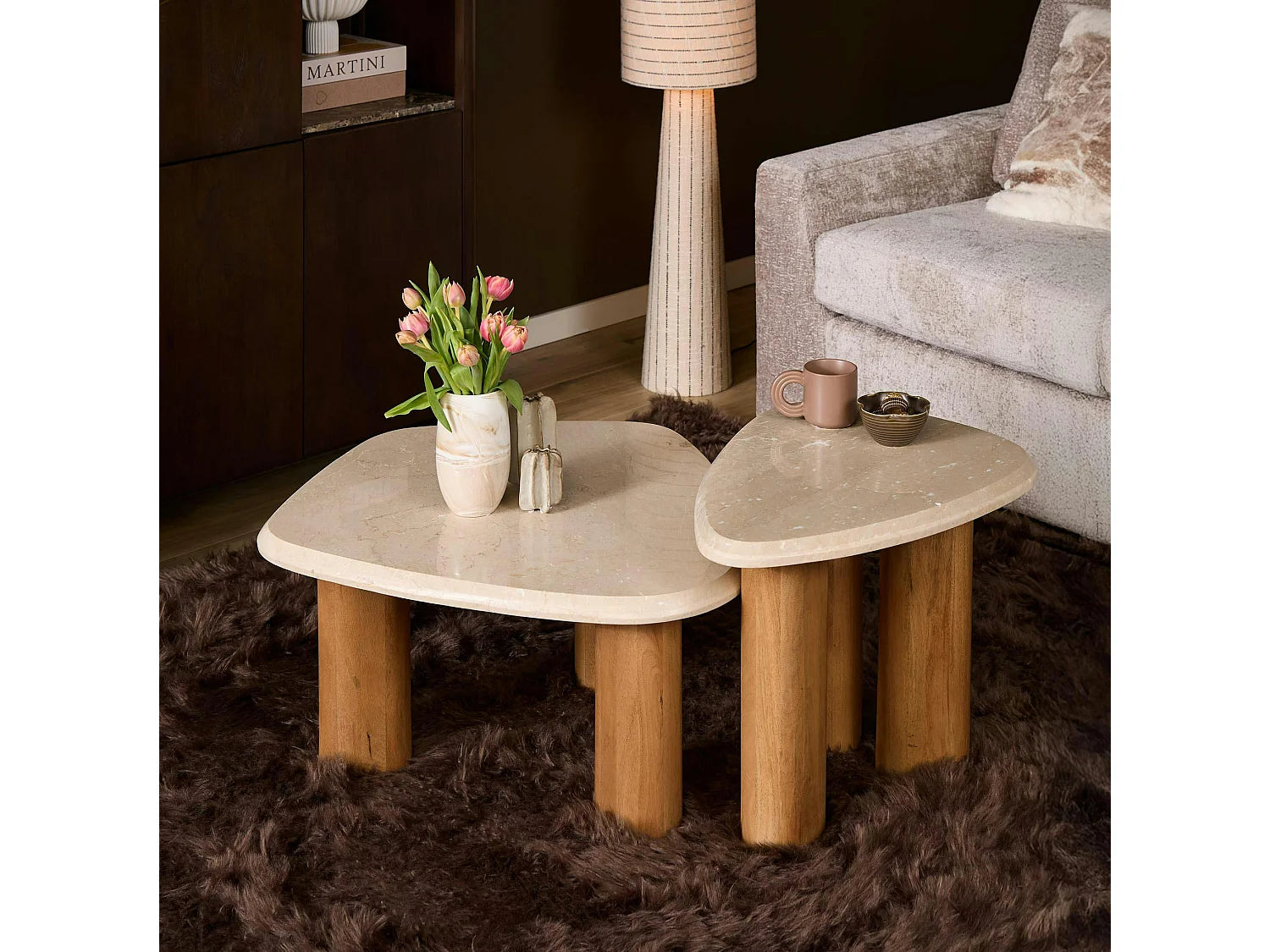 Bout de canapé organique travertin et bois beige – VERONA