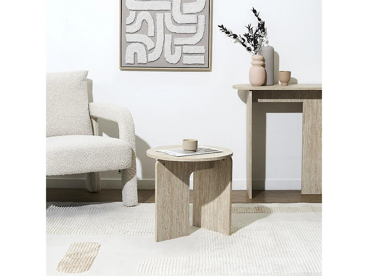 Bout de canapé rond aspect travertin beige – VERTINA