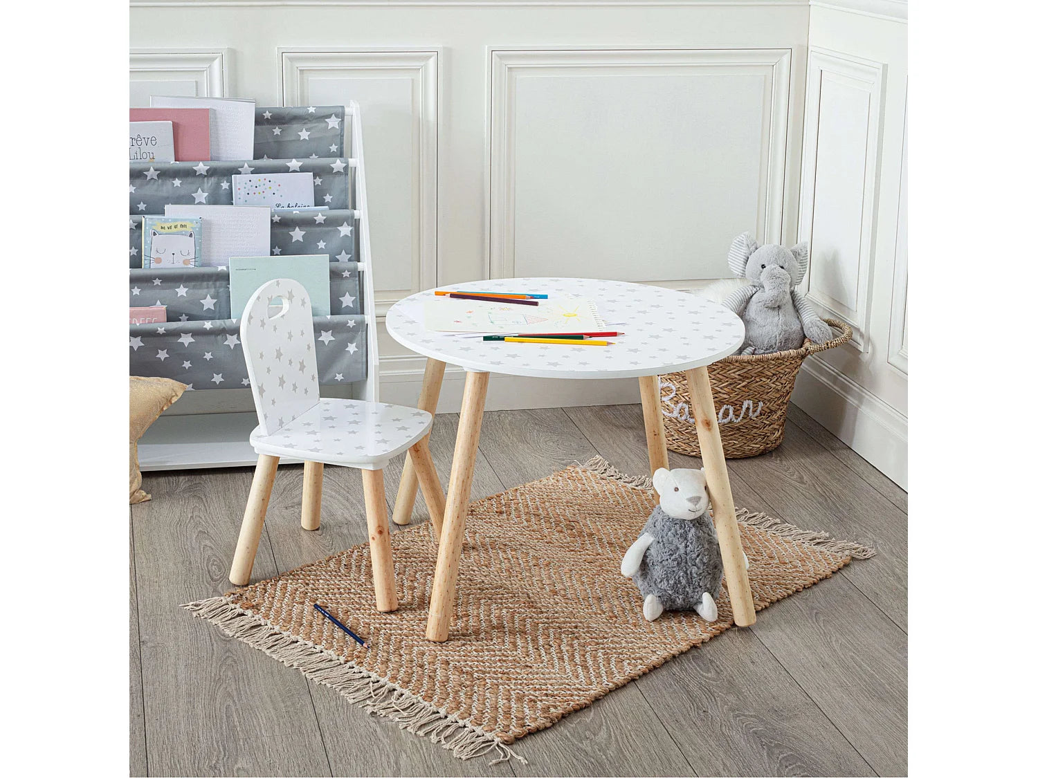 Bout de canapé rond en bois gris motif étoiles – ESTELO