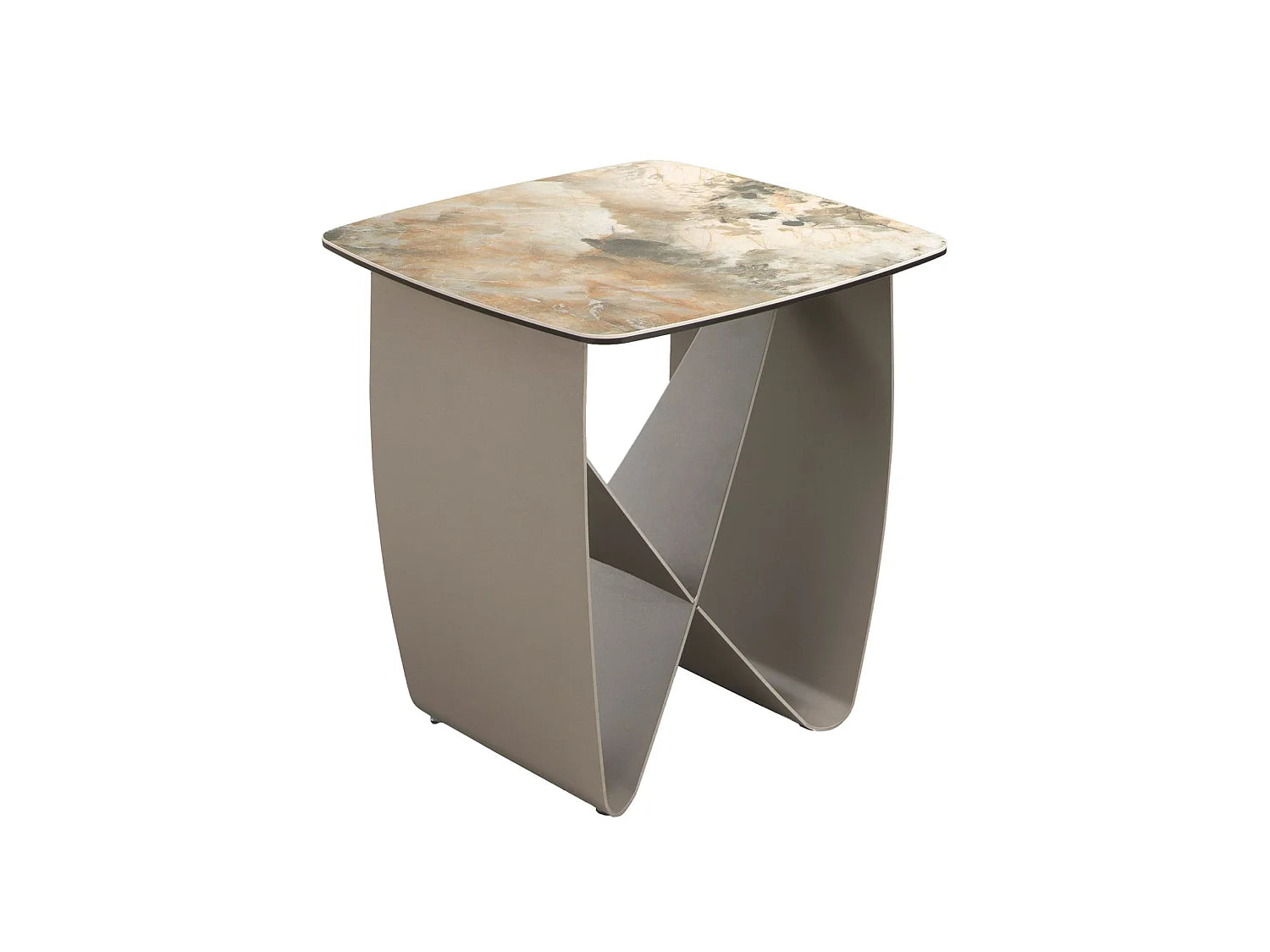 Bout de canapé carré marbre porcelaine et acier taupe – TERRA
