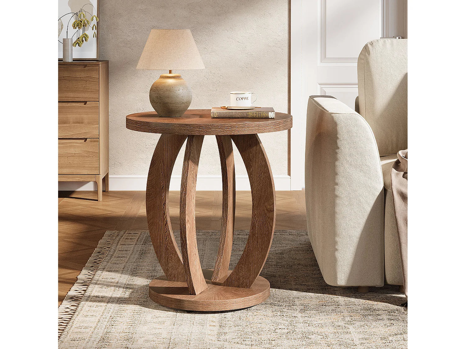 Bout de canapé rond en bois marron avec rangement – CAMPA