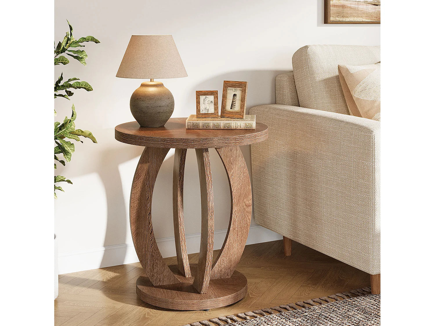 Bout de canapé rond en bois marron avec rangement – CAMPA