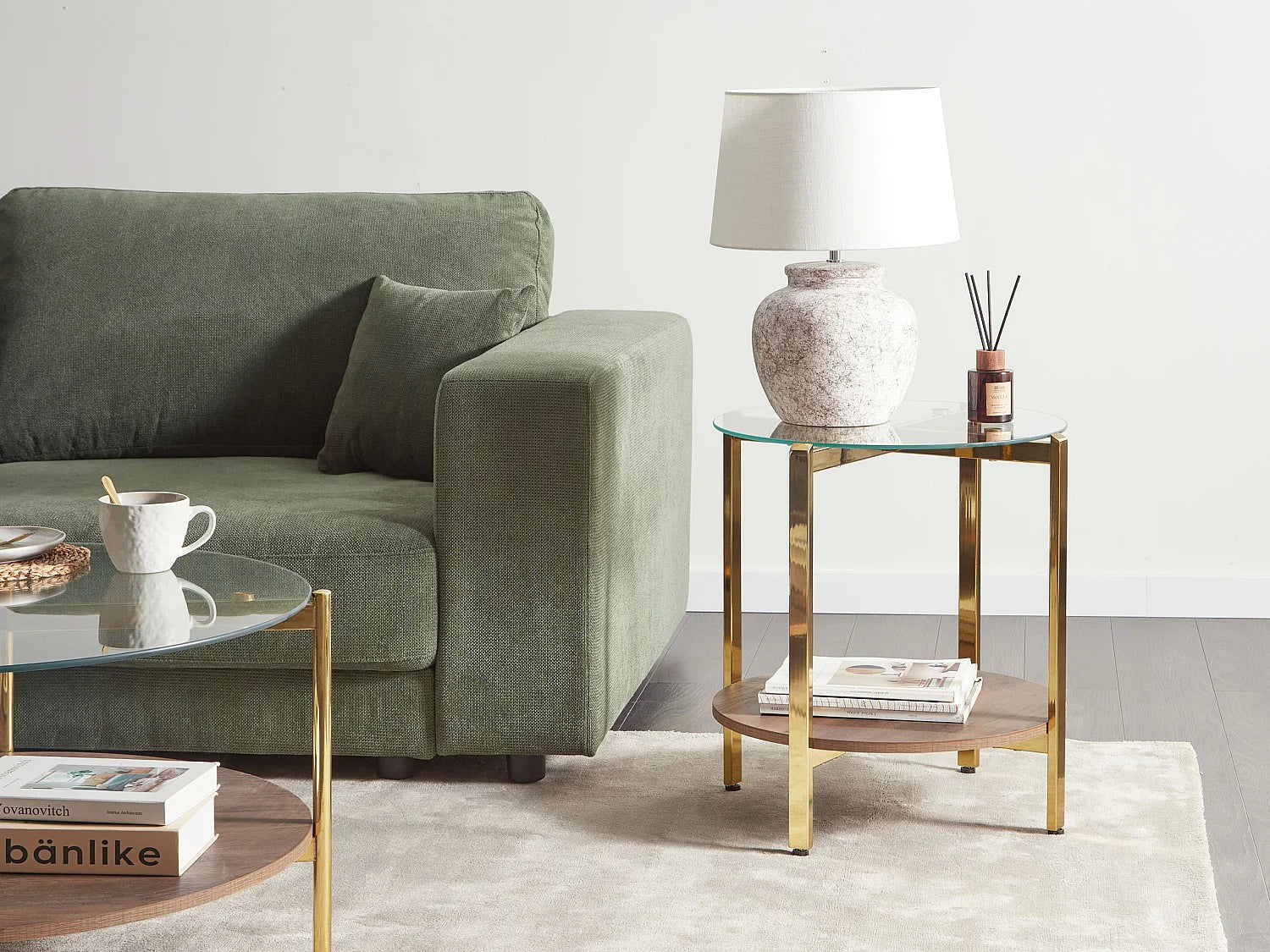 Bout de canapé rond verre et métal doré – LOVELL