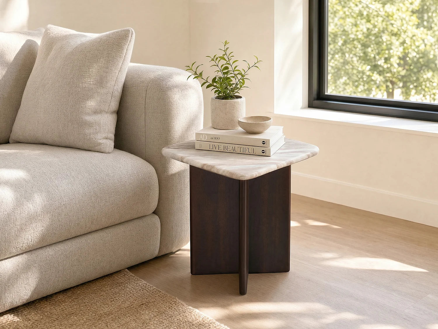 Bout de canapé marbre beige et bois d'acacia – NÉVÉ