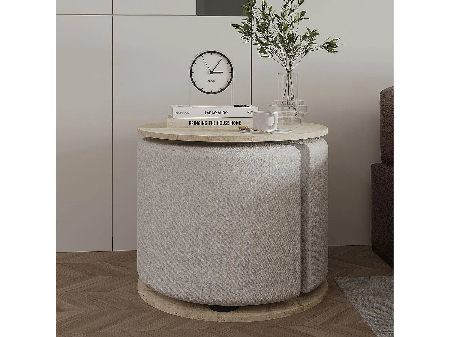 Bout de canapé avec pouf effet travertin beige – CALDERA