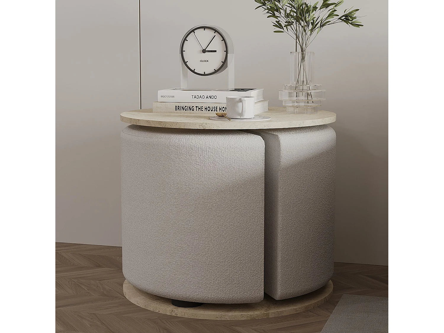 Bout de canapé avec pouf effet travertin beige – CALDERA