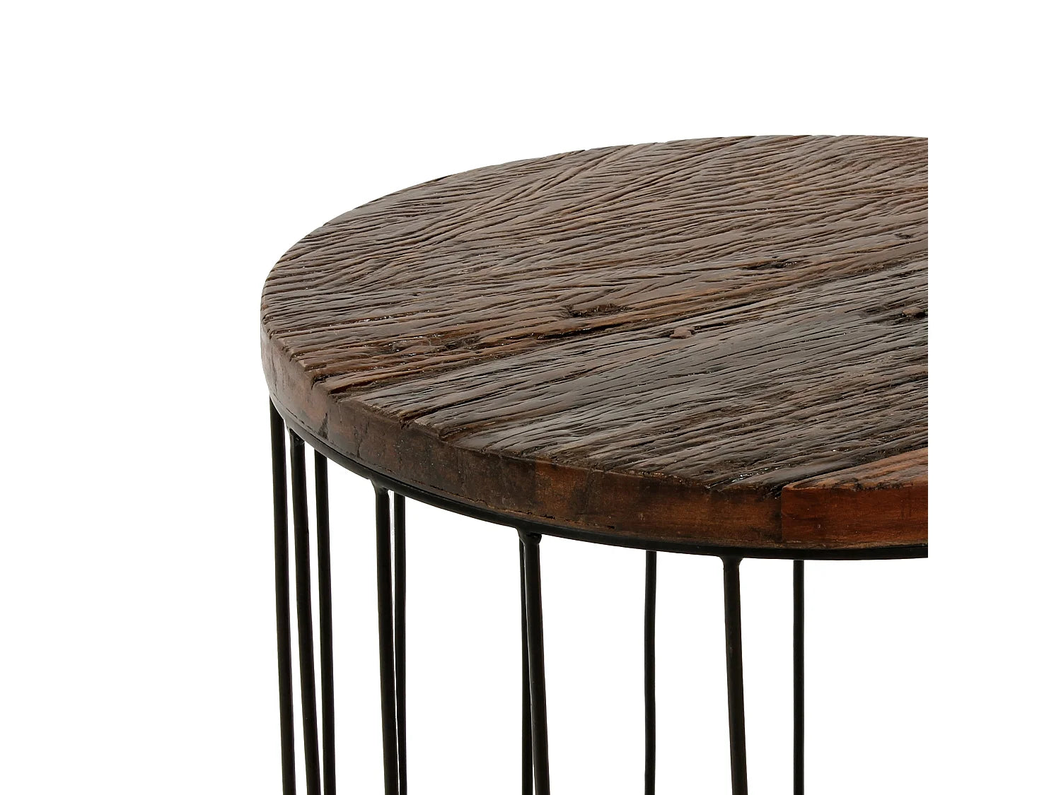 Bout de canapé rond bois recyclé et métal noir – KORBO