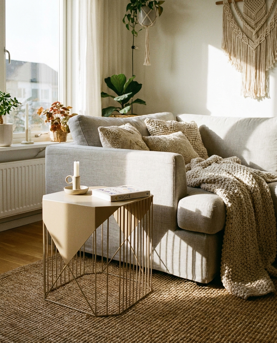 Bout de canapé ORIA dans un salon scandinave avec canapé gris