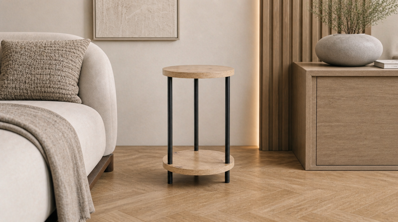 Bout de canapé bois et métal bimatière – table d'appoint mixte pour salon industriel
