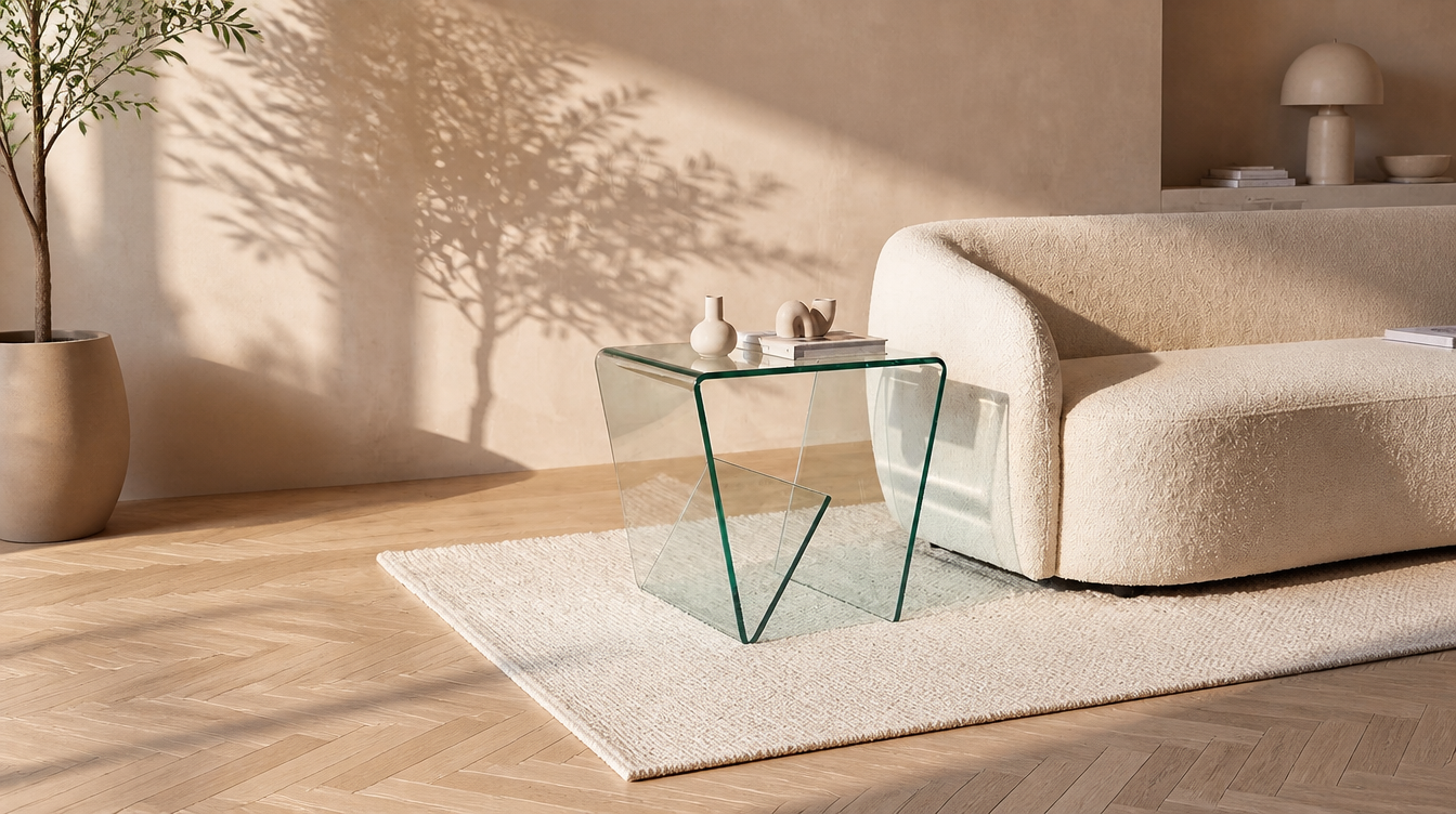 Bout de canapé en verre transparent – table d'appoint verre élégante pour salon contemporain