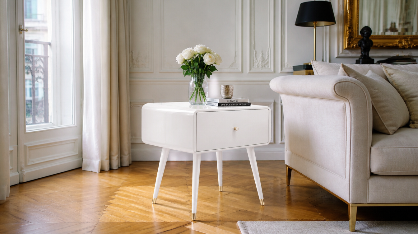 Bout de canapé blanc laqué brillant – table d'appoint laquée pour salon minimaliste