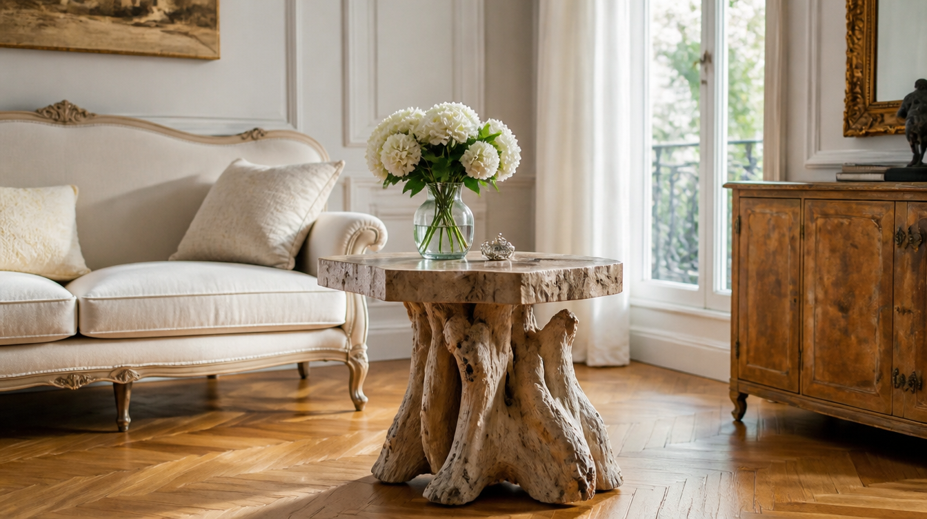 Bout de canapé en bois flotté naturel – table d'appoint bois flotté pour salon bord de mer