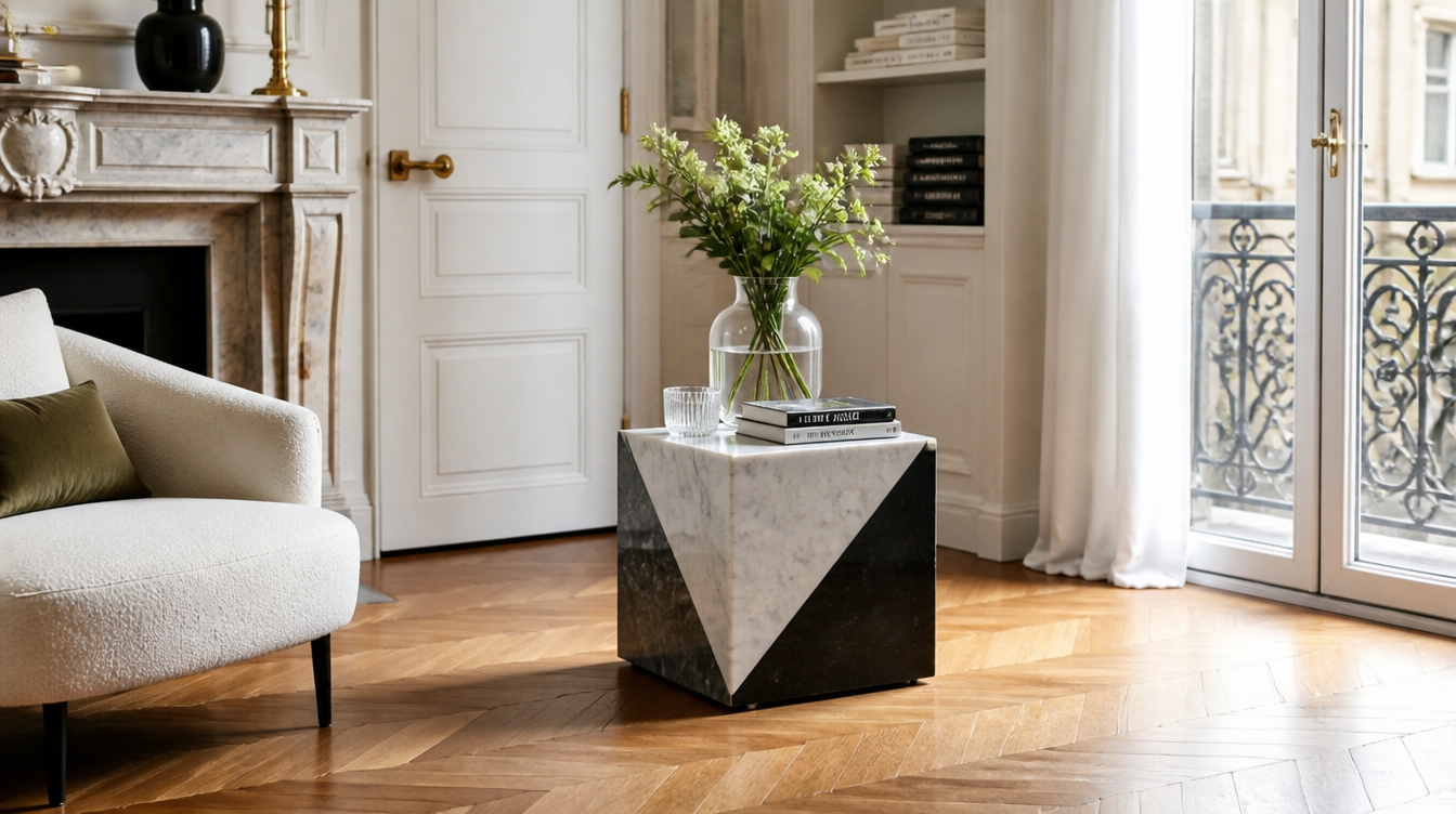 Bout de canapé cube géométrique – table d'appoint cubique pour salon minimaliste