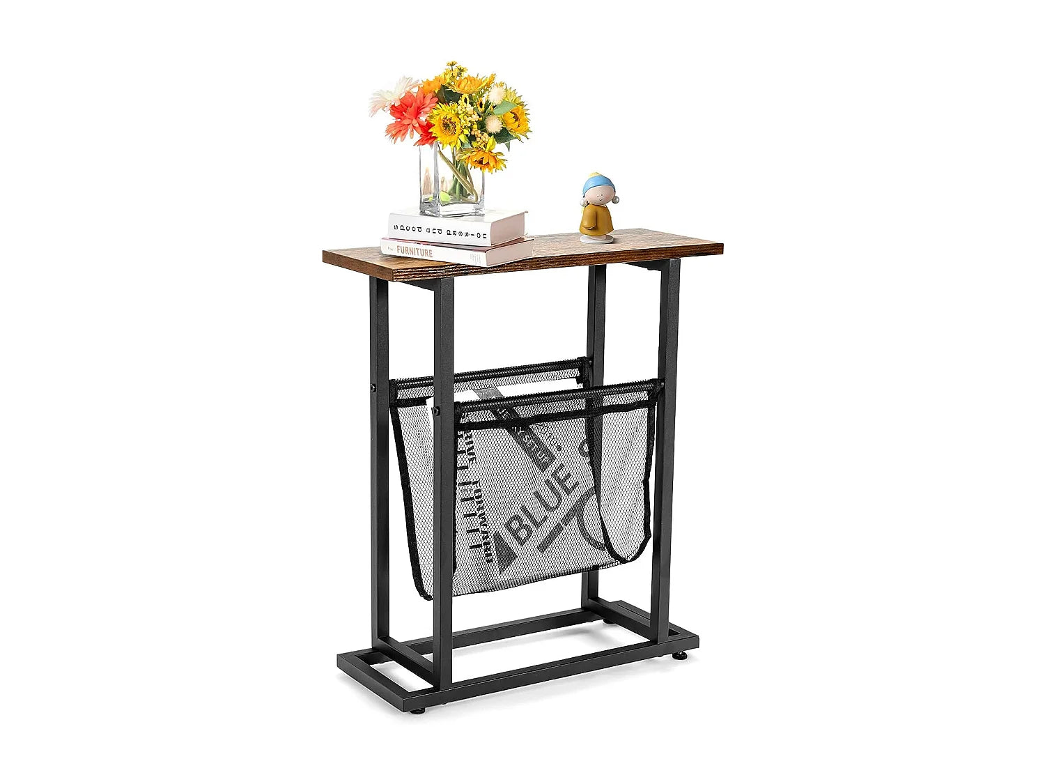 Bout de canapé industriel inox avec porte-revues – FERROCK