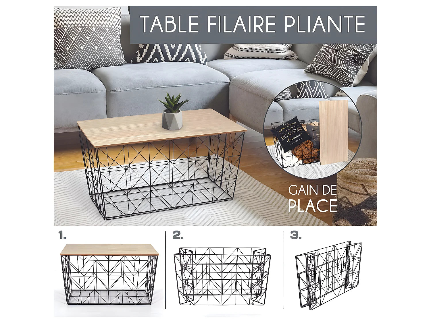 Bout de canapé pliable filaire plateau bois – TWIST