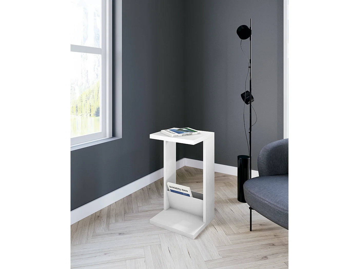Bout de canapé guéridon haut blanc porte-revues – ALBEA