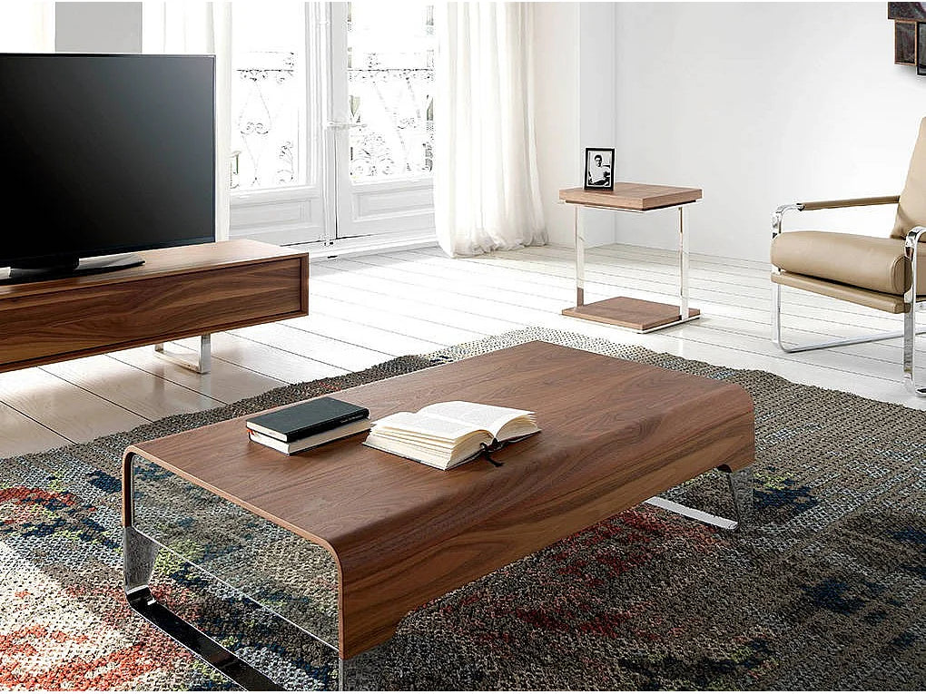 Bout de canapé carré bois noyer et acier inox – LAUNO