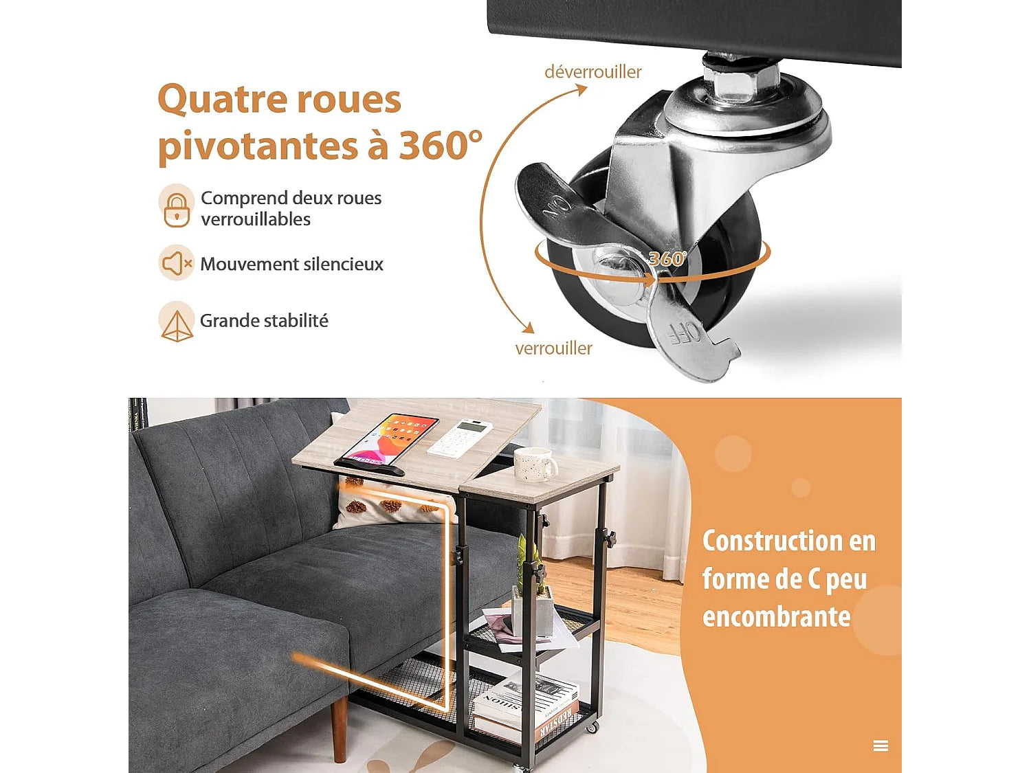 Bout de canapé en acier à roulettes brun clair – ROVA