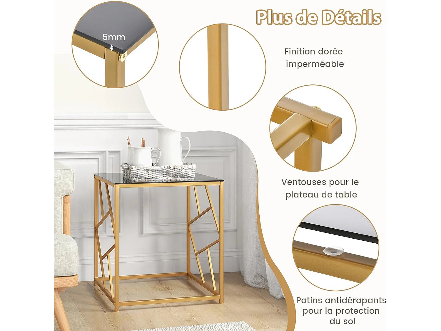Bout de canapé carré verre trempé cadre doré – GEOMIA