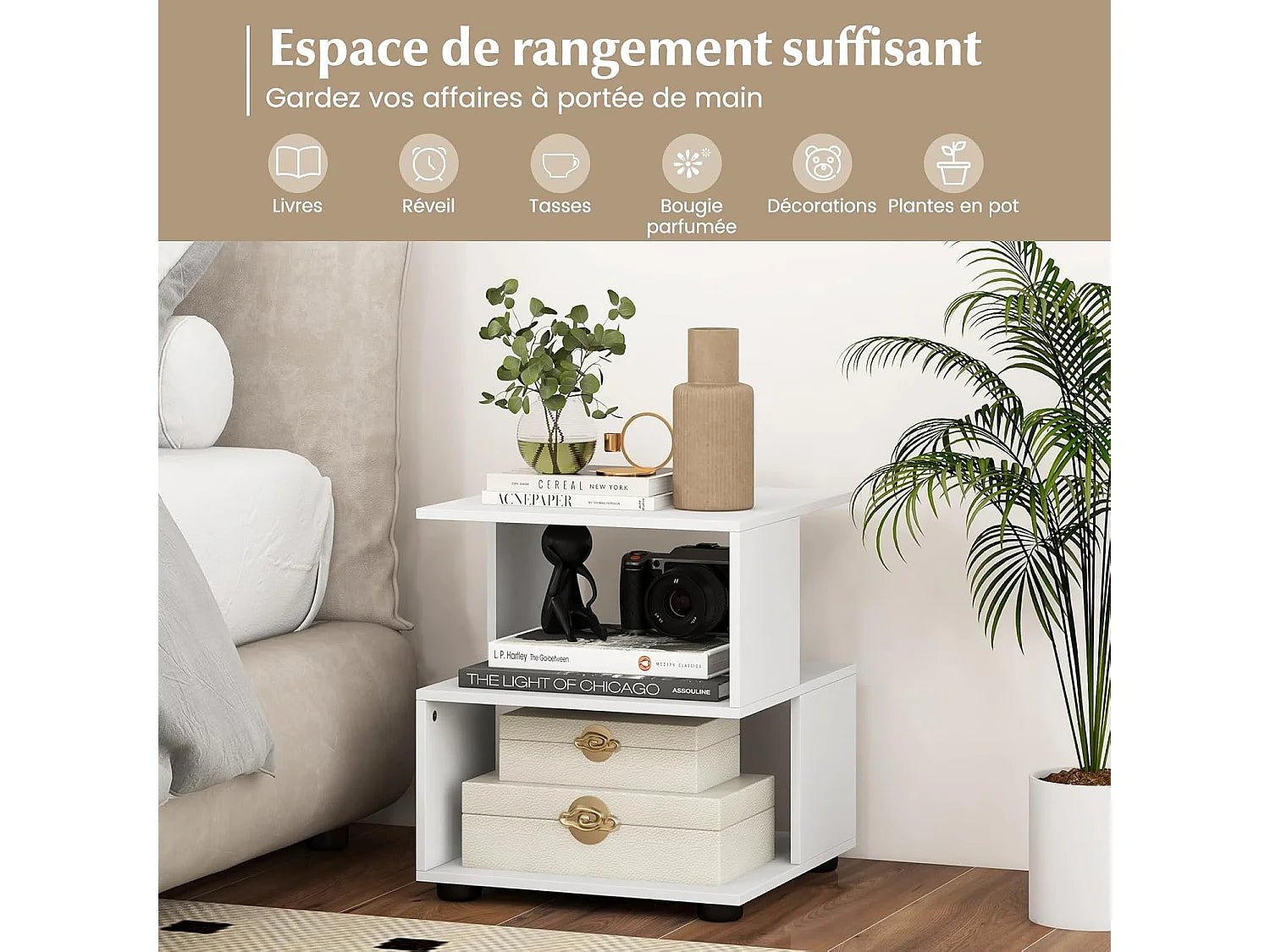 Bout de canapé carré à étagères blanc – NIVO