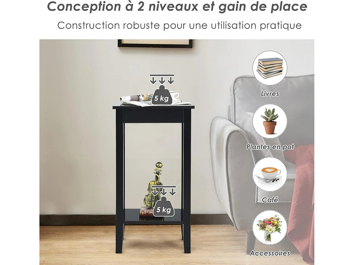 Bout de canapé noir double niveau pieds bois massif – ASKO