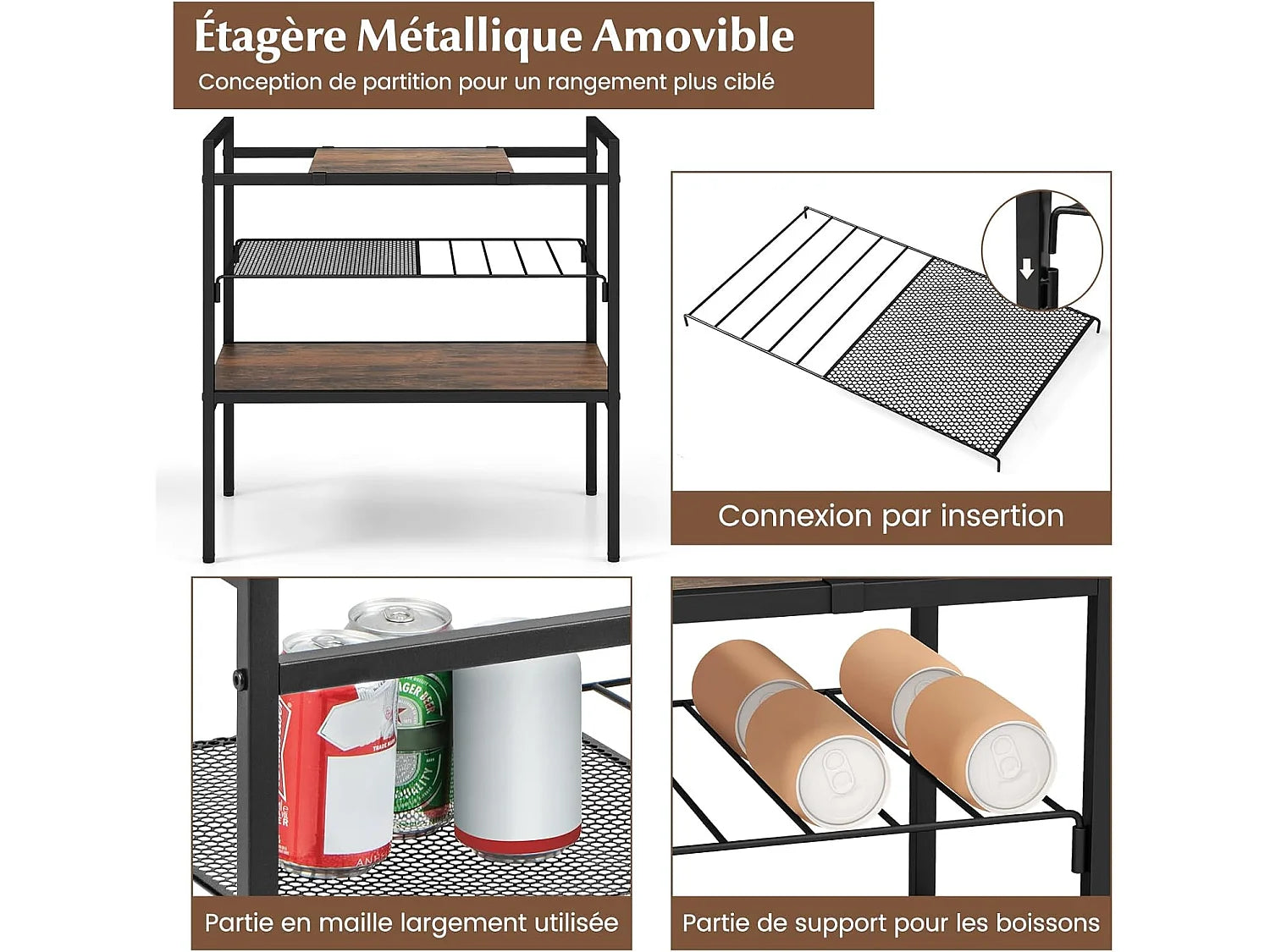 Bout de canapé industriel 3 niveaux métal étagère maille – TRIVON