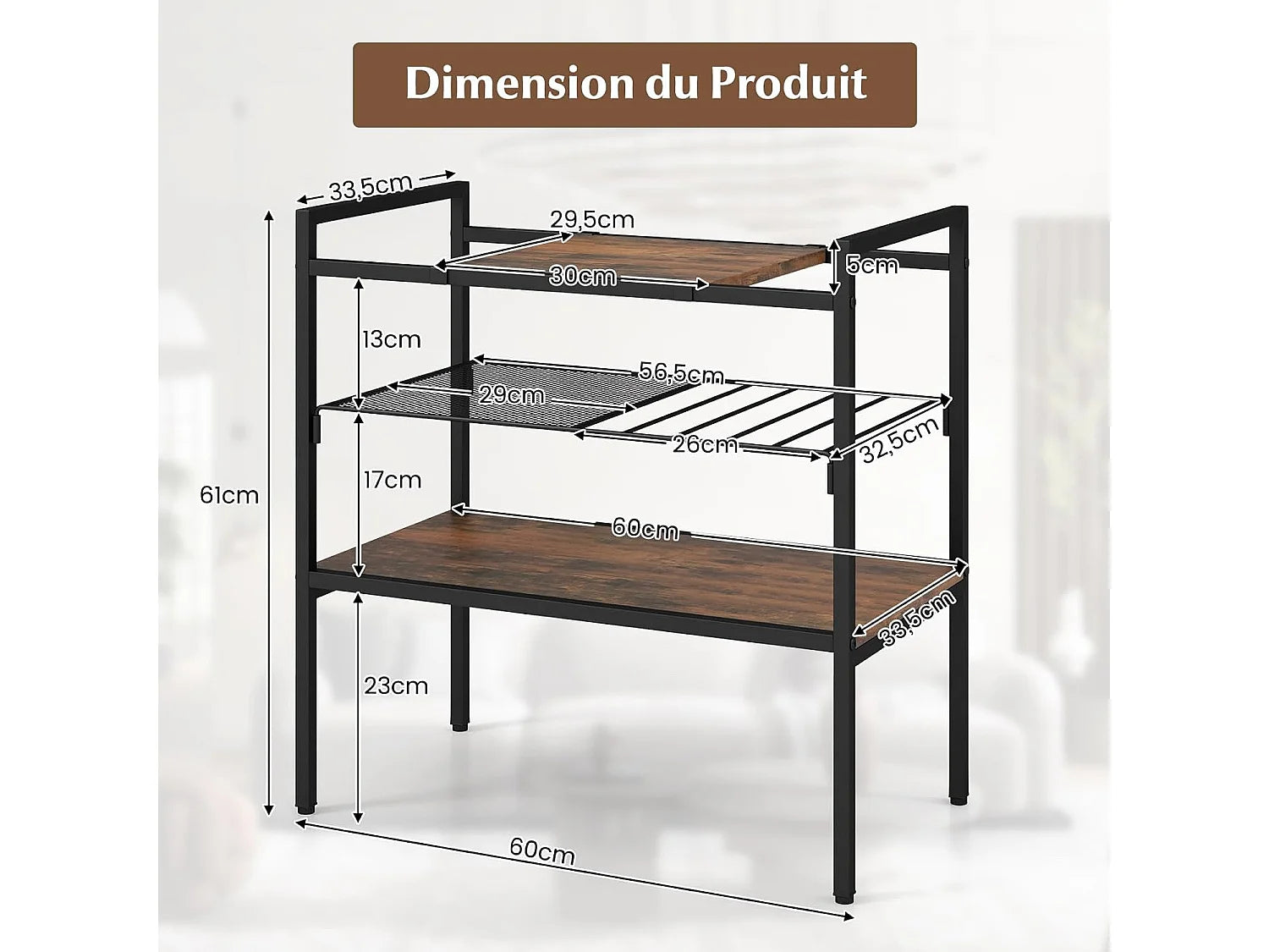 Bout de canapé industriel 3 niveaux métal étagère maille – TRIVON