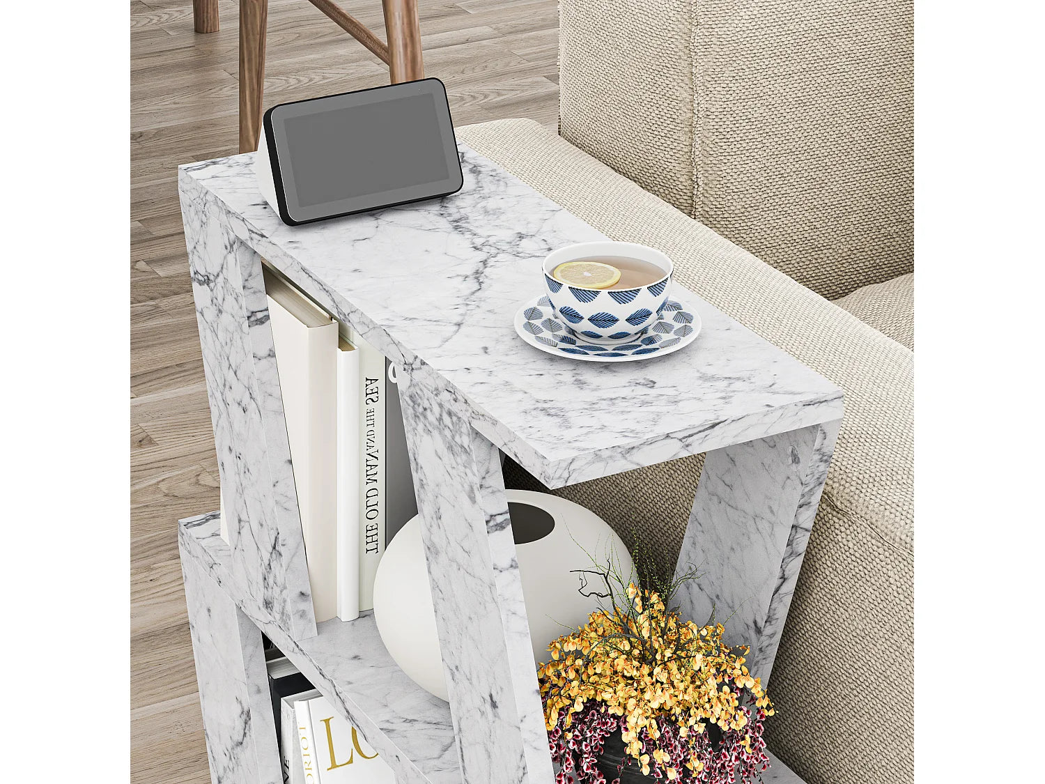 Bout de canapé rectangulaire effet marbre blanc – LAZENA