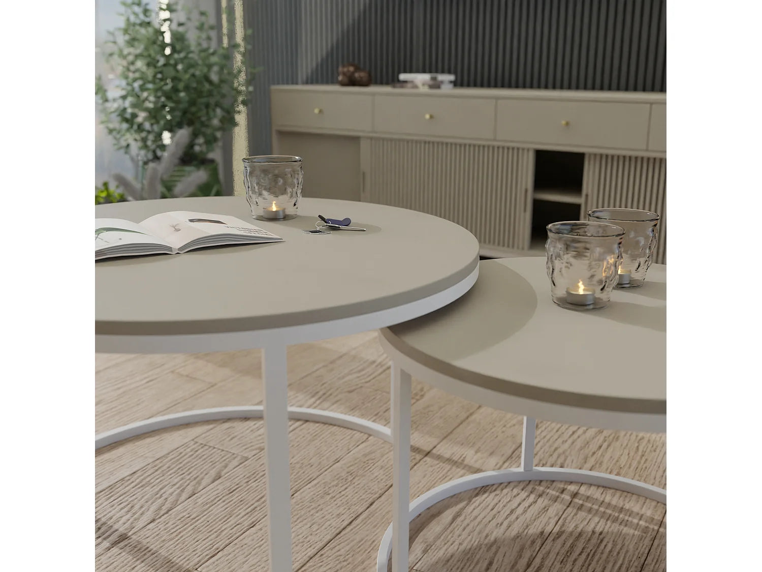Bout de canapé rond beige 2 en 1 design – LAVANNE
