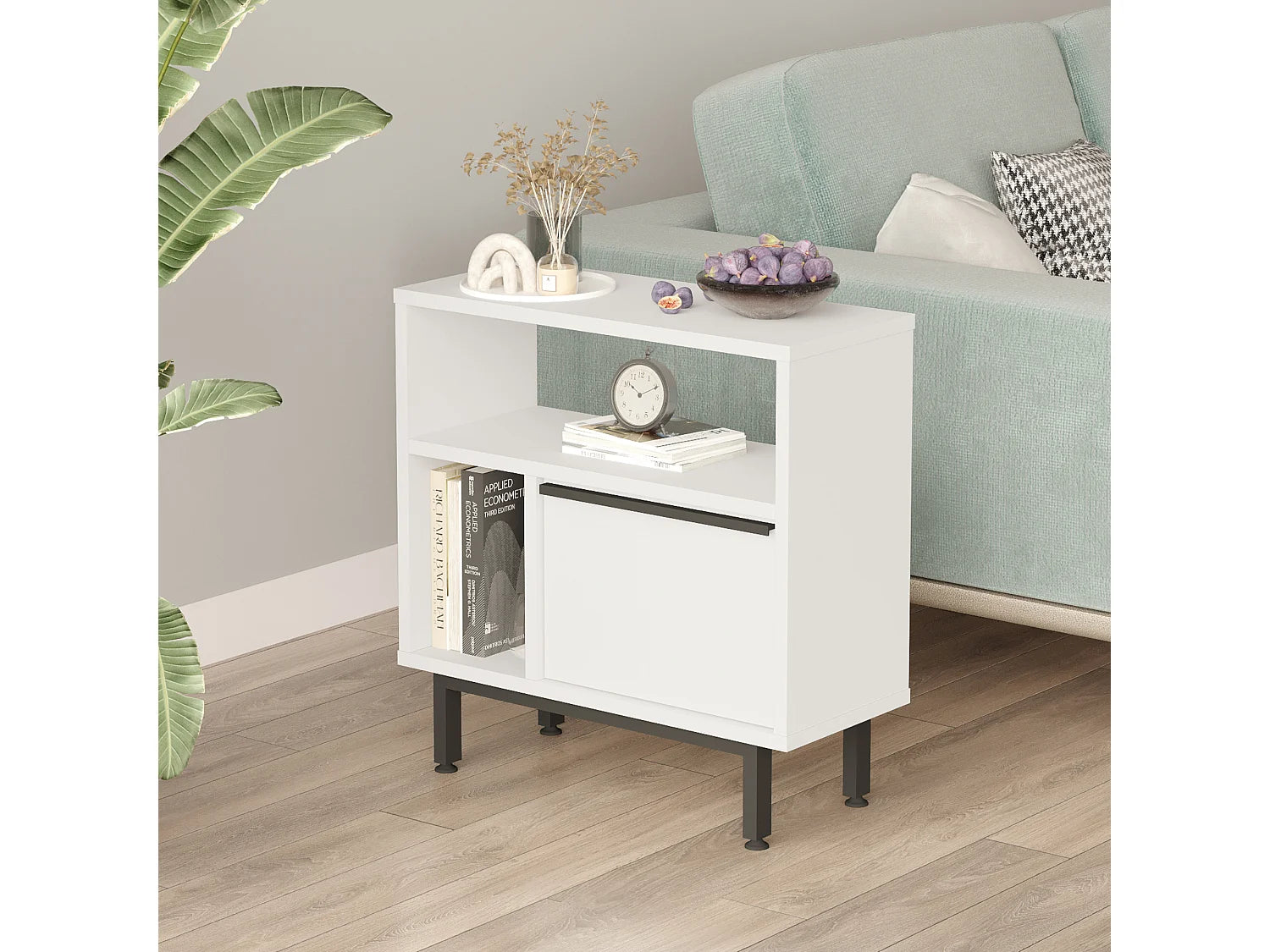 Bout de canapé carré en métal blanc avec rangement – VESLO