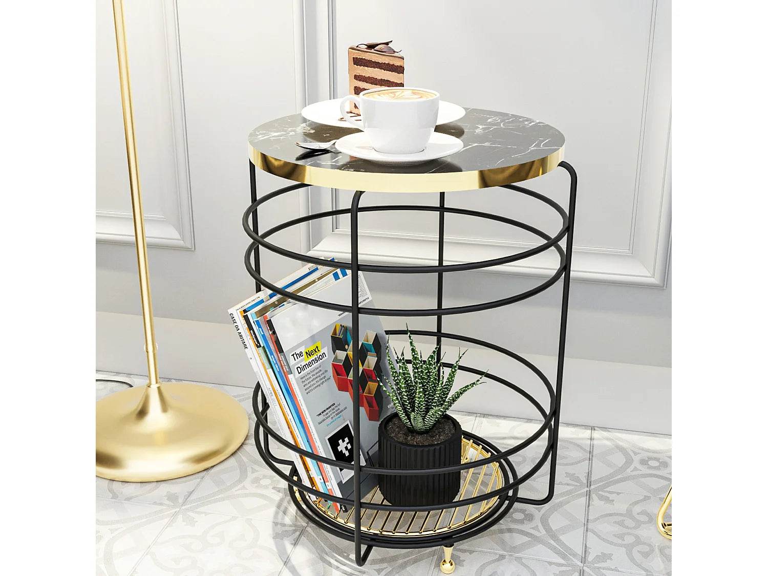 Bout de canapé effet marbre noir et or avec panier – PADASJOKI
