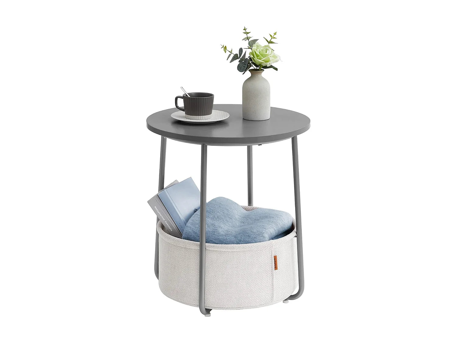Bout de canapé rond gris avec panier – OSIER