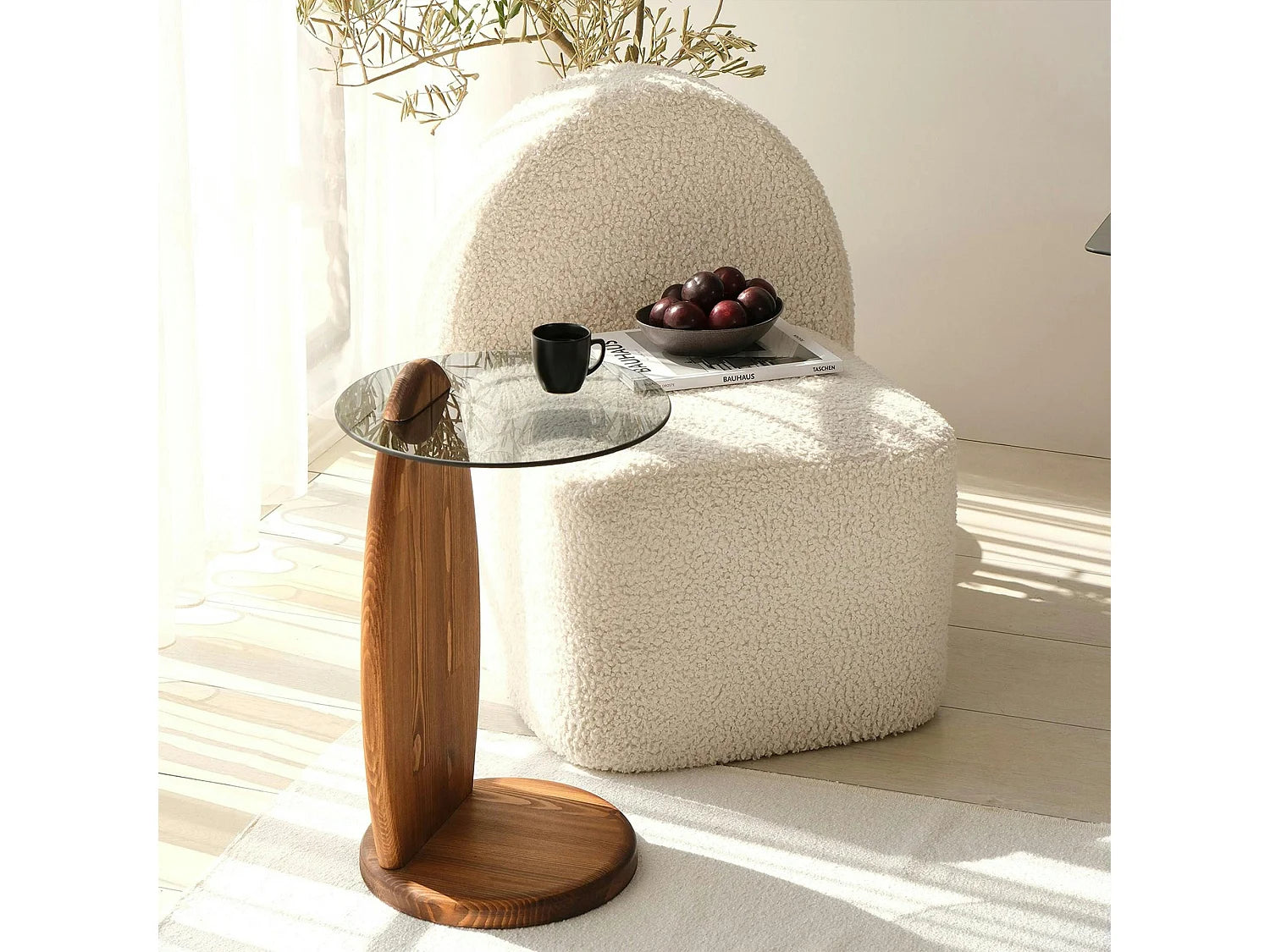 Bout de canapé rond bois et verre fumé beige – ANZIO