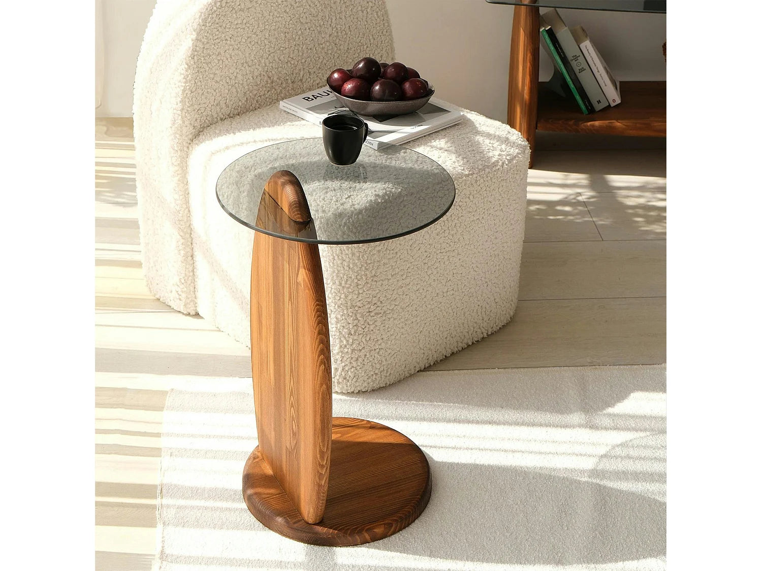 Bout de canapé rond bois et verre fumé beige – ANZIO