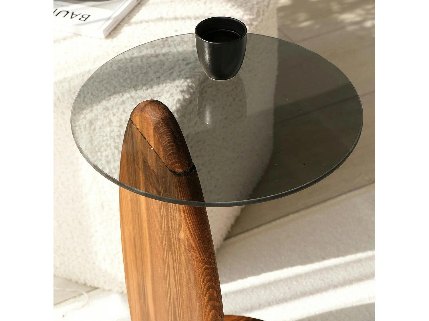 Bout de canapé rond bois et verre fumé beige – ANZIO
