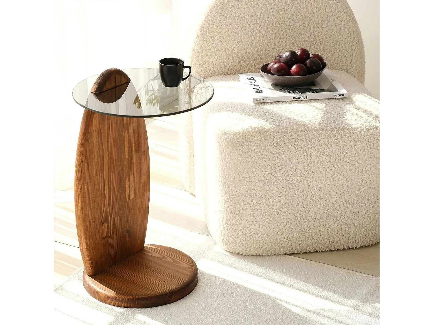 Bout de canapé rond bois et verre fumé beige – ANZIO