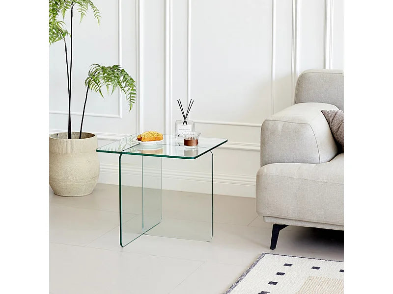 Bout de canapé carré en verre trempé transparent – GLACÉA