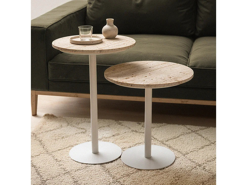 Bout de canapé rond travertin et métal beige – RITO