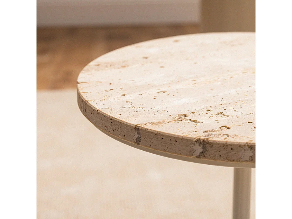 Bout de canapé rond travertin et métal beige – RITO