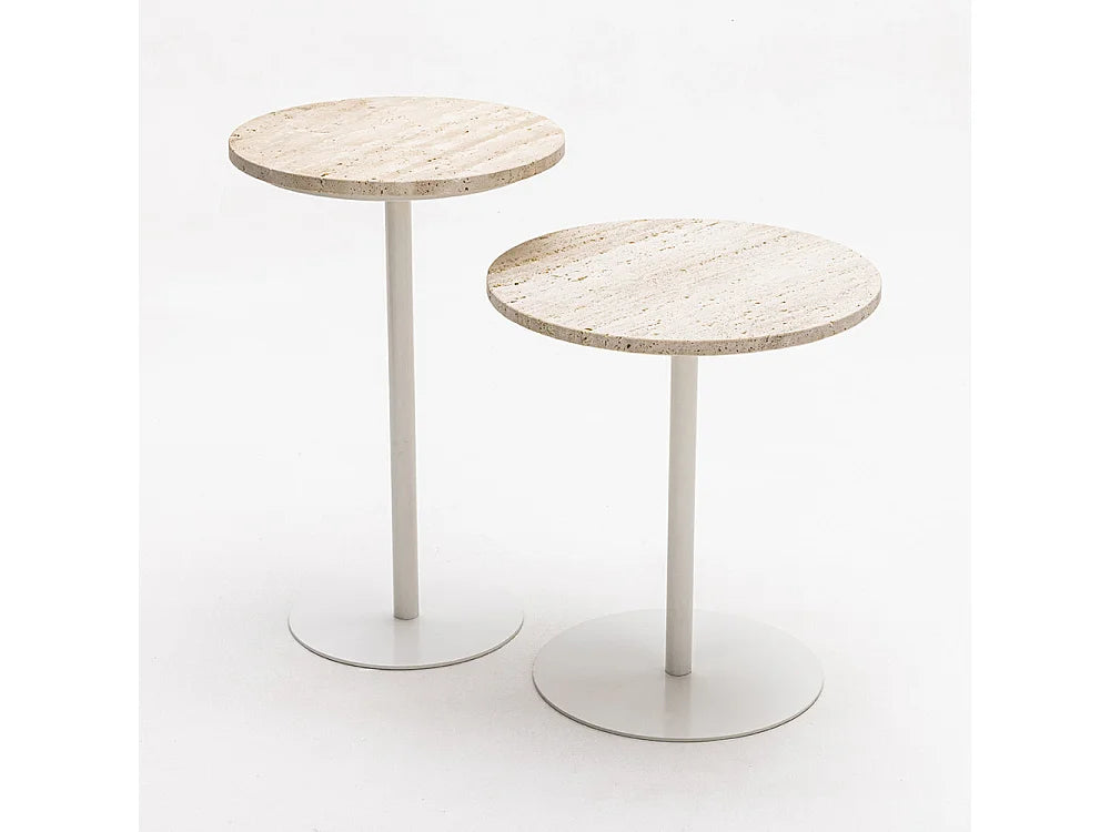 Bout de canapé rond travertin et métal beige – RITO