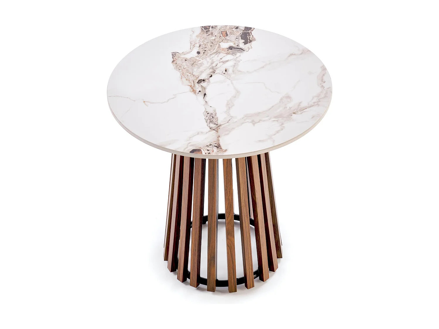 Bout de canapé rond aspect marbre et noyer beige – KAVERA