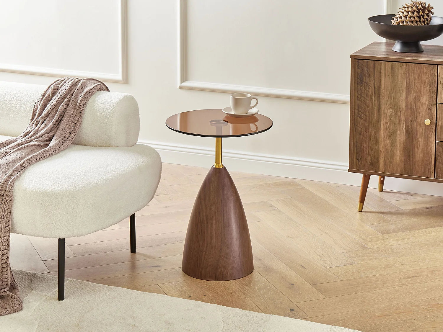 Bout de canapé rond verre et pieds effet bois doré – WALLIS