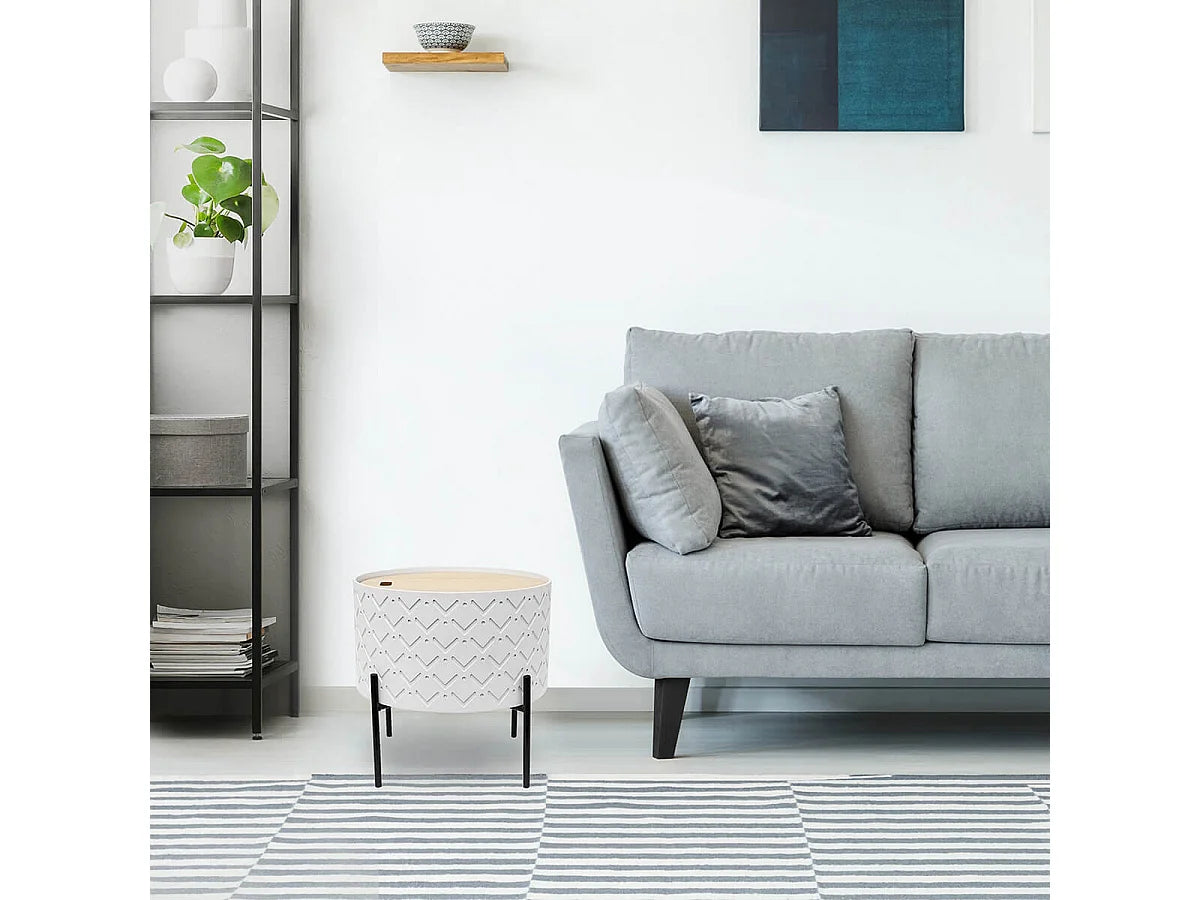 Bout de canapé rond blanc avec coffre – PERLE