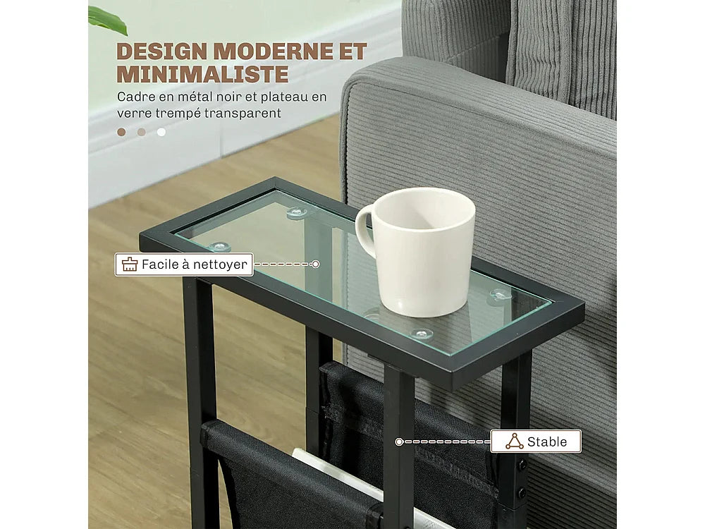 Bout de canapé étroit en verre trempé noir, porte-revues – SLIMO