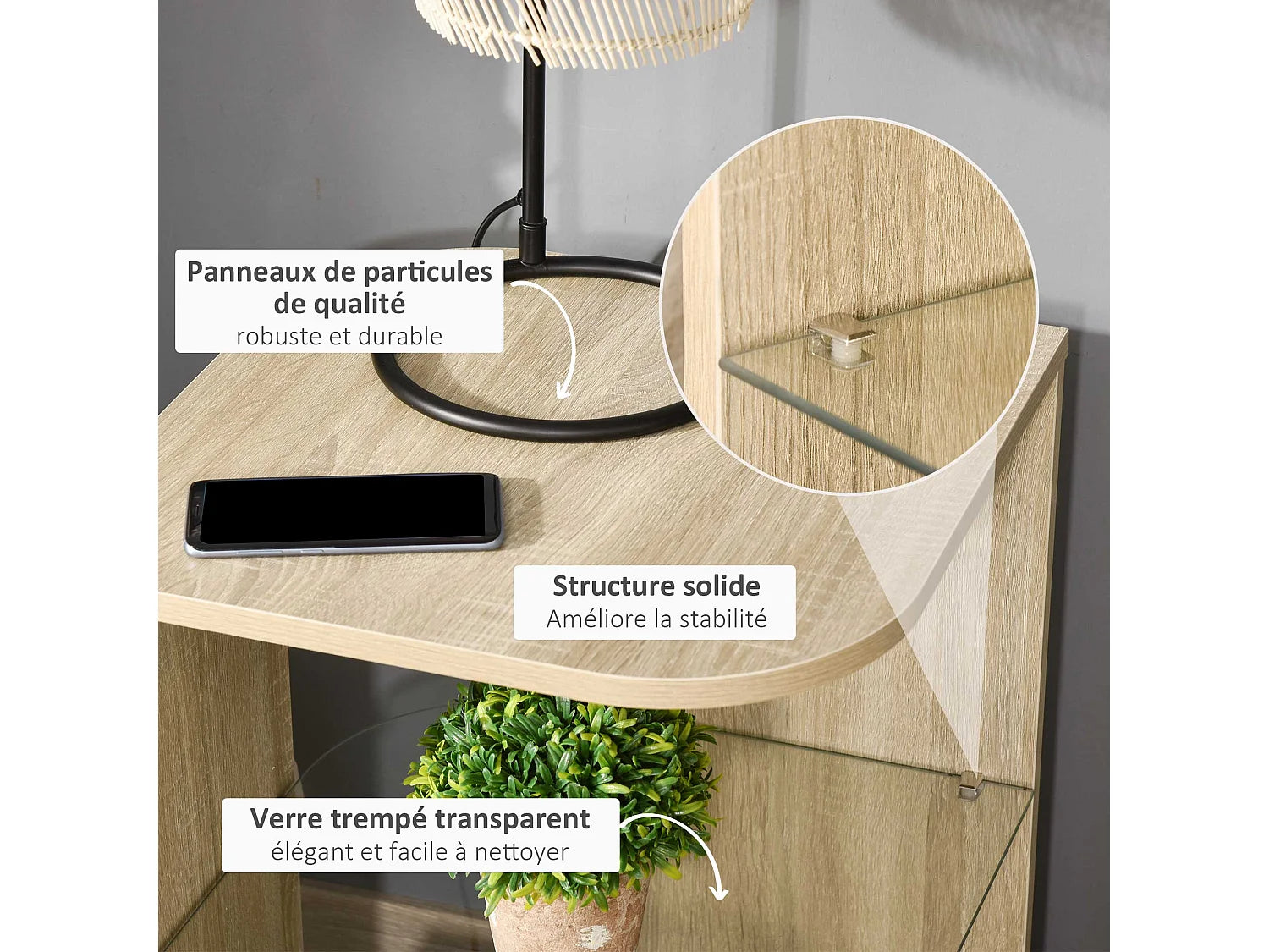 Bout de canapé verre trempé aspect chêne clair – CLARA