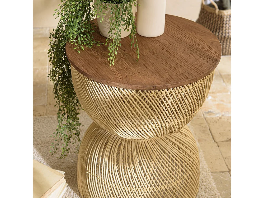 Bout de canapé rotin beige plateau teck recyclé – NALA