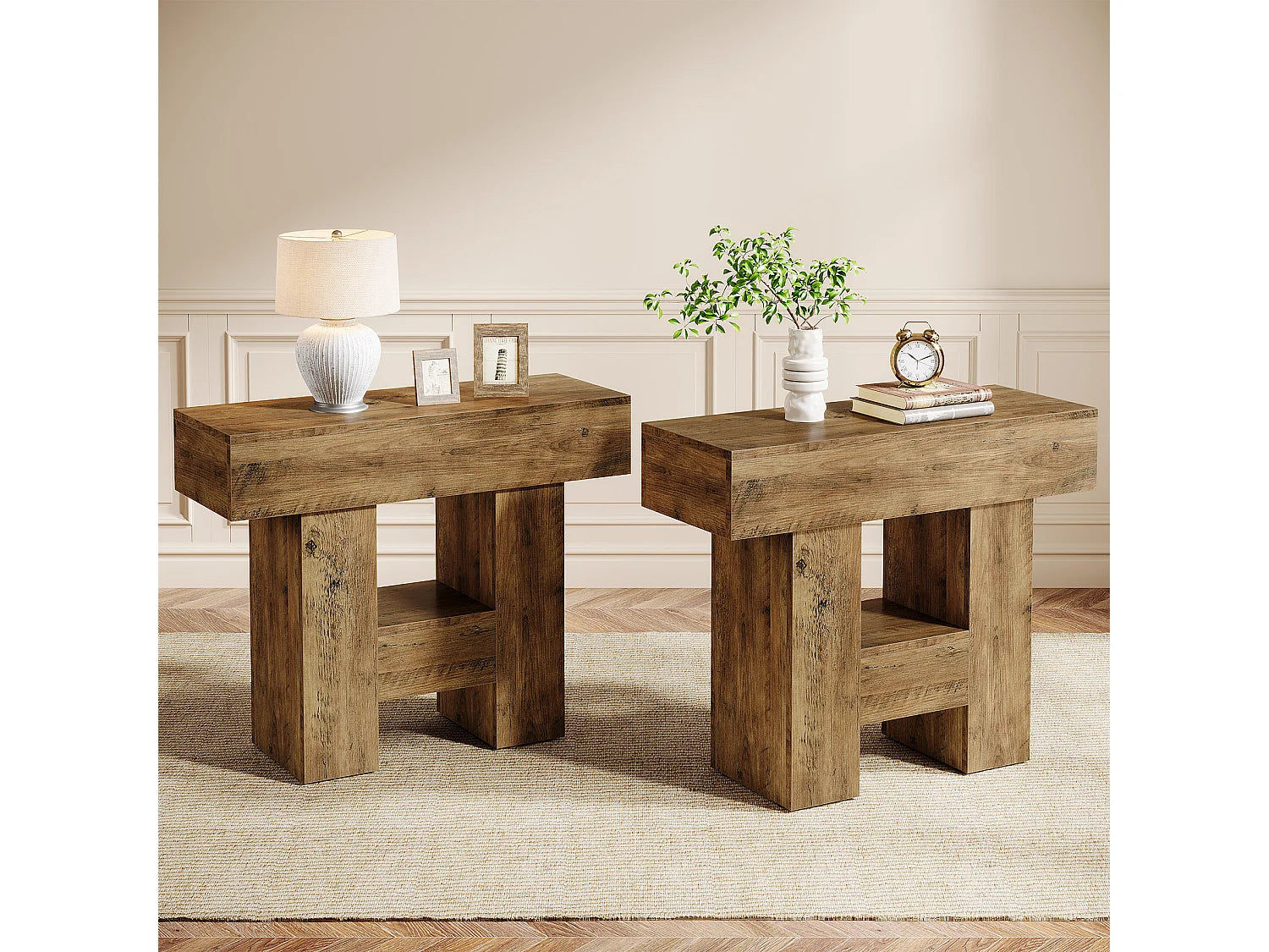 Bout de canapé étroit 2 plateaux bois marron – CAMPA