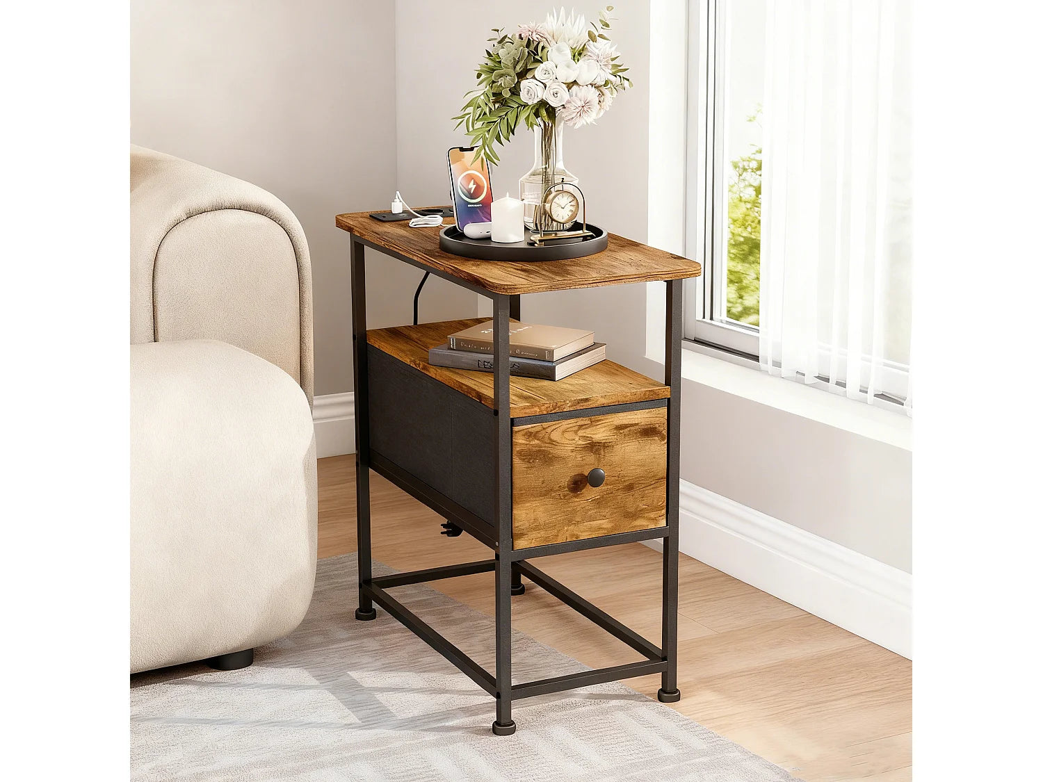 Bout de canapé carré bois vintage avec tiroir – BRUNALT